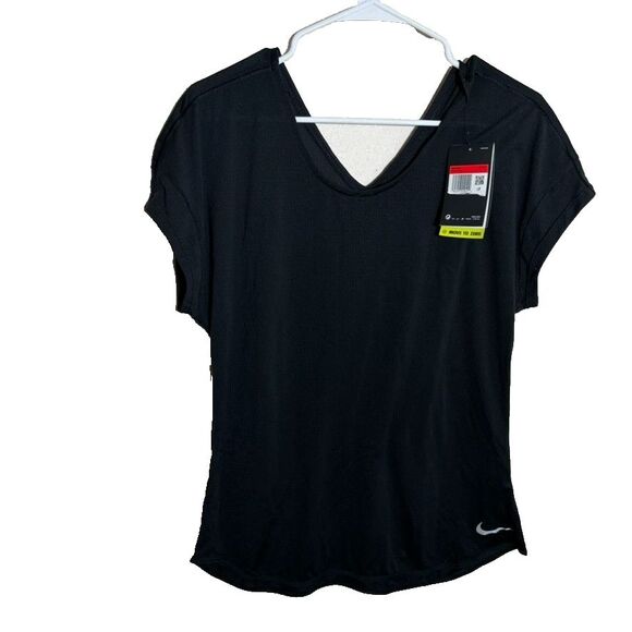 Nike T-Shirt Women's Large Black Textured Dri-Fit Double V Short Sleeve Active - Picture 1 of 9